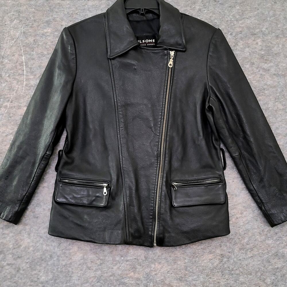 Wilsons Leather Biker Jacket Womens Large Asymmetrical YKK Zipper Pockets